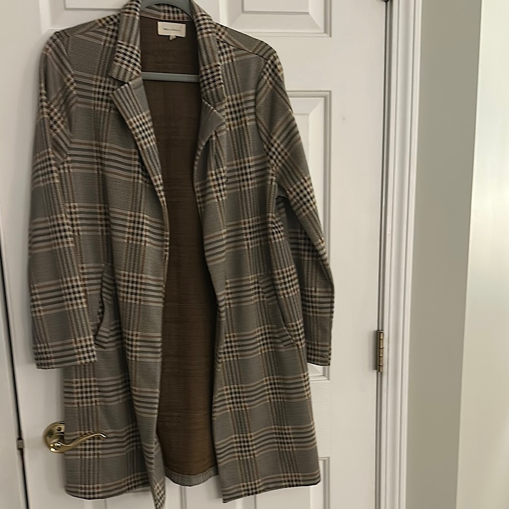 MELLODAY Gray and Brown Trench Coat with Plaid Pattern